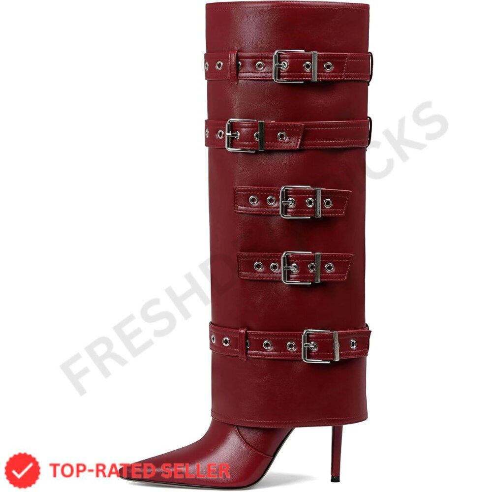 Brand New Grakihily Boots 7.5 Red Stiletto Buckle